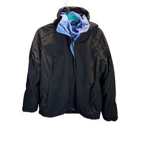 LL Bean Womens Black Blue Fleece Lined Hooded 3 in 1 Full Zip Jacket L Outdoor